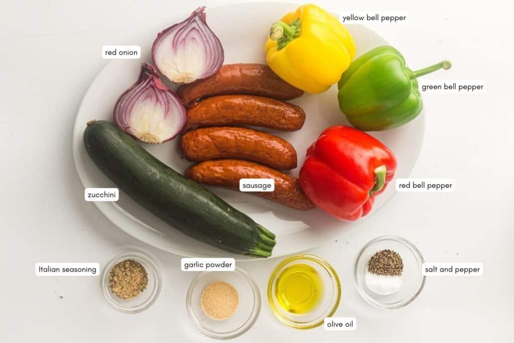 Sheet Pan Sausage & Roasted Vegetables ingredients with labels.