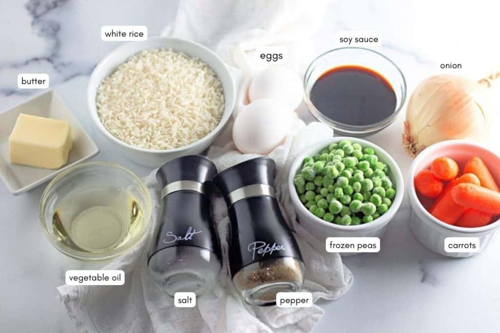 Easy Fried Rice ingredients with labels.