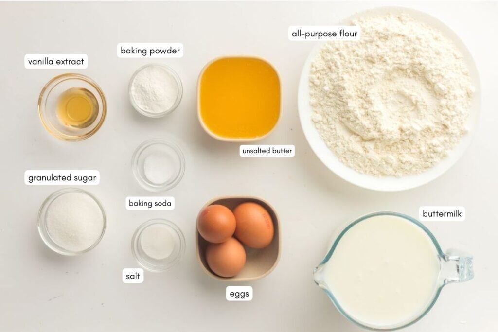 Sheet Pan Pancakes ingredients with labels.