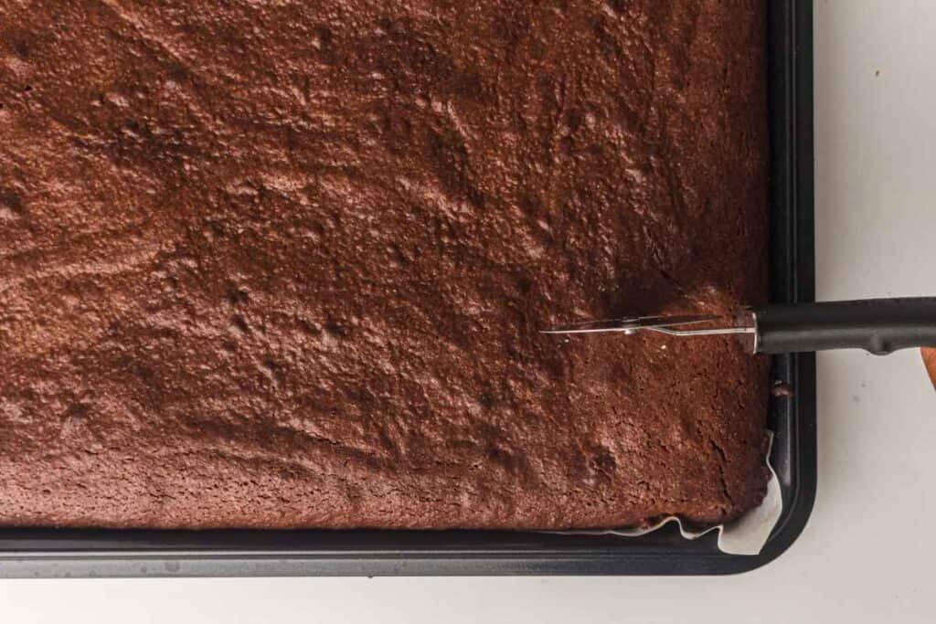 Freshly baked brownies are shown sliced and ready to serve.