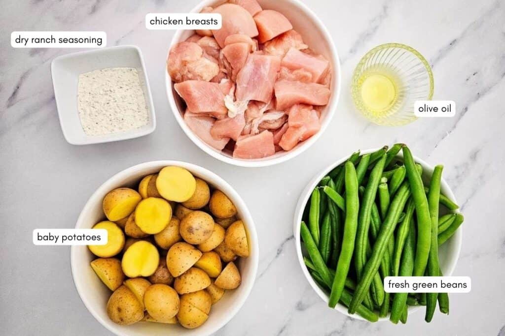 Ingredients of Sheet Pan Ranch Chicken and Veggies.