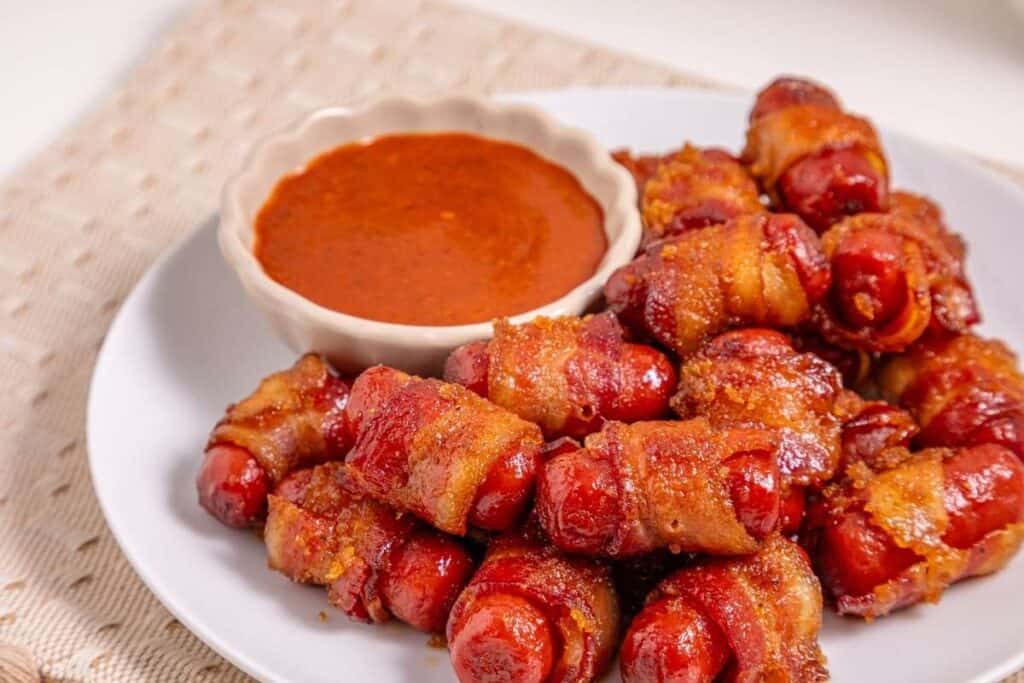 Delicious bacon-wrapped sausage bites served with spicy dipping sauce perfect for snacks or parties.