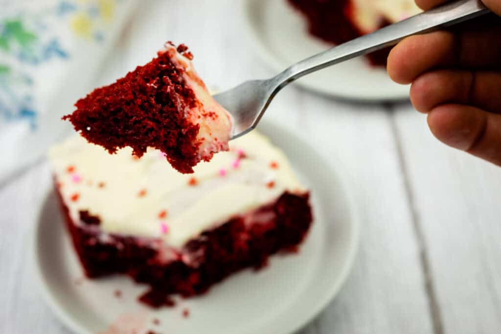 Delicious red velvet cake with cream cheese frosting and colorful sprinkles on a white plate.