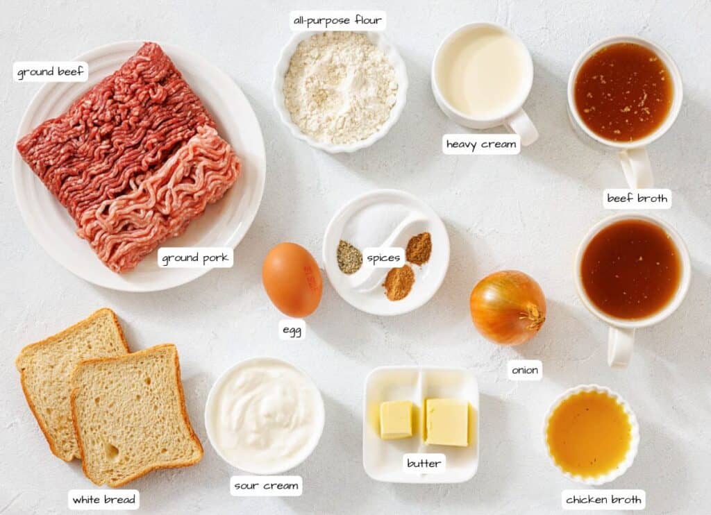 Swedish meatballs ingredients with labels.
