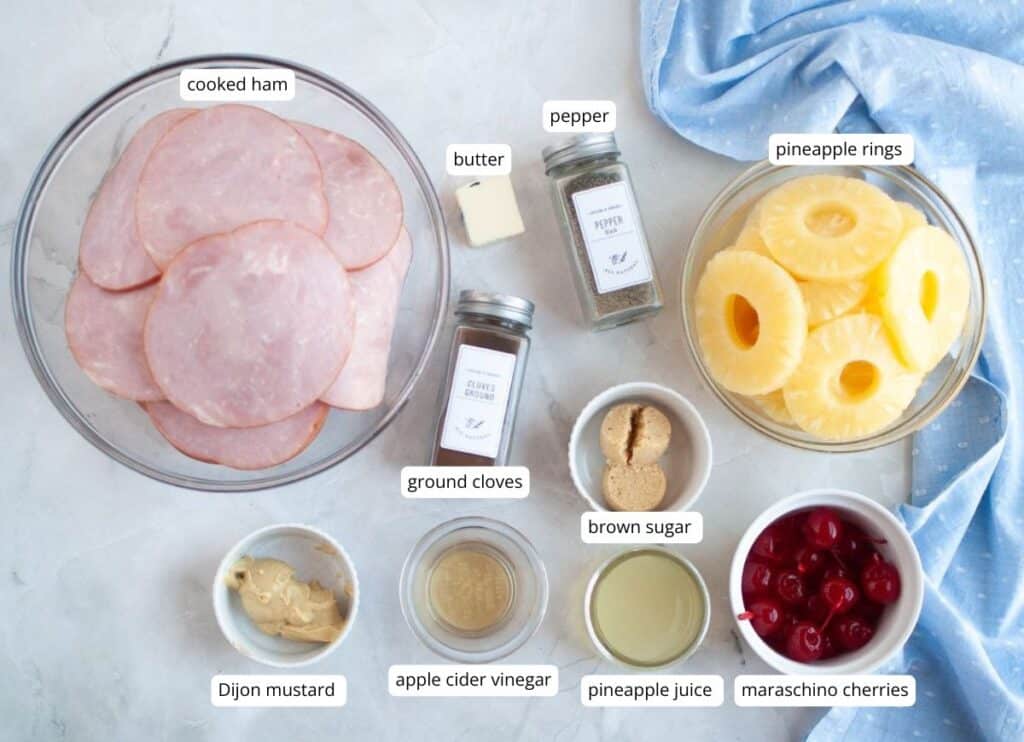 Glazed Ham Slices ingredients with labels.