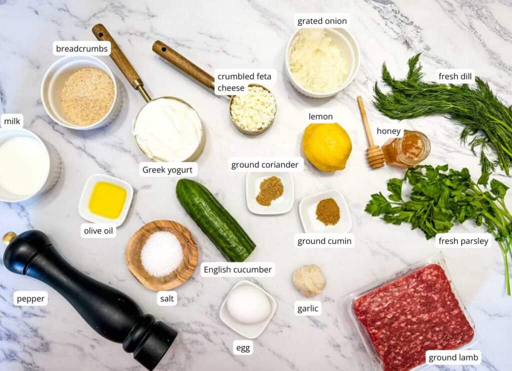 Lamb Meatballs With Tzatziki ingredients with labels.