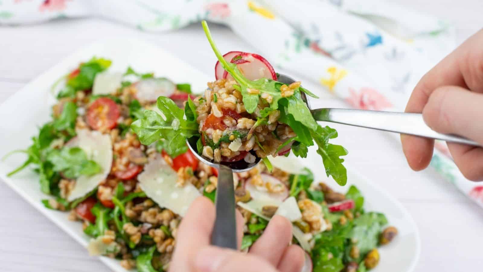 A spoonful of Copycat Charlie Bird&rsquo;s Farro Salad from the white plate.