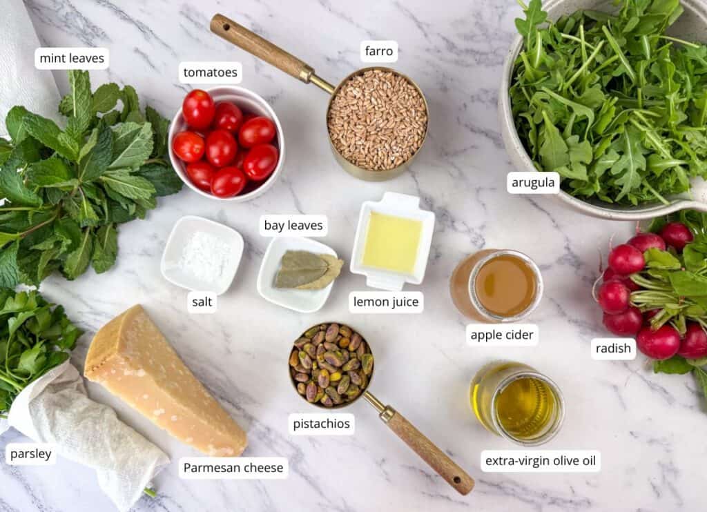 Copycat Charlie Bird&rsquo;s Farro Salad ingredients with labels.