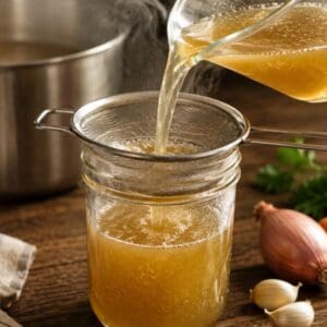 Transferring the chicken broth into a jar.