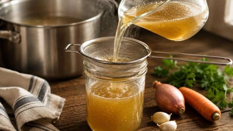 Transferring the chicken broth into a jar.