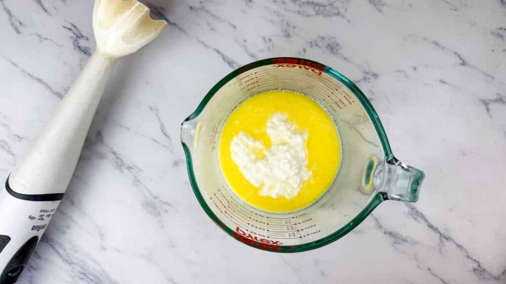 Blend it with the cottage cheese and melted butter until completely smooth.