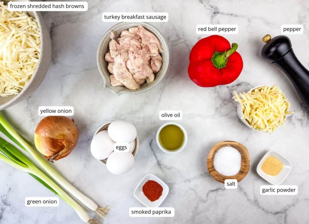 Turkey Sausage Breakfast Bowl ingredients with labels.