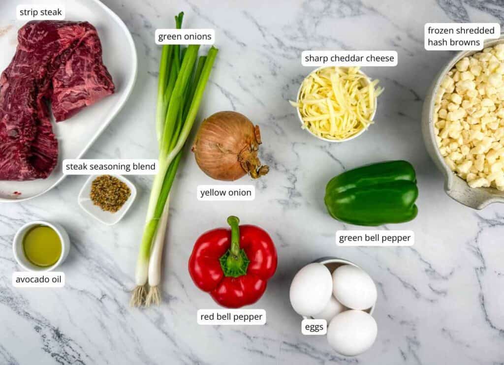 Steak and Eggs Breakfast Bowl labeled ingredients.